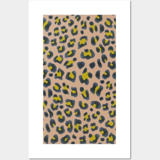 Leopard Print-Navy and Chartreuse on Khaki Posters and Art